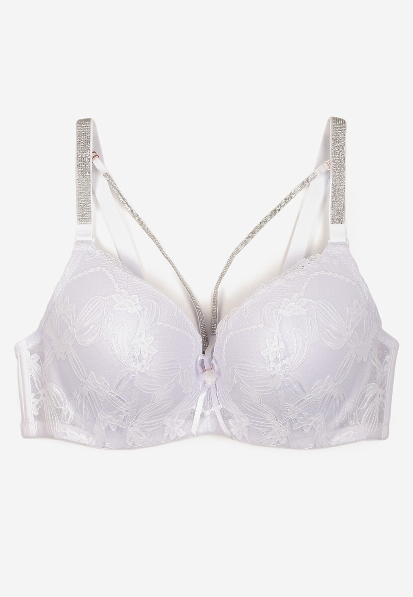 Biały Biustonosz z Dodatkowymi Paskami Zdobiony Koronką i Cyrkoniami Ollimi