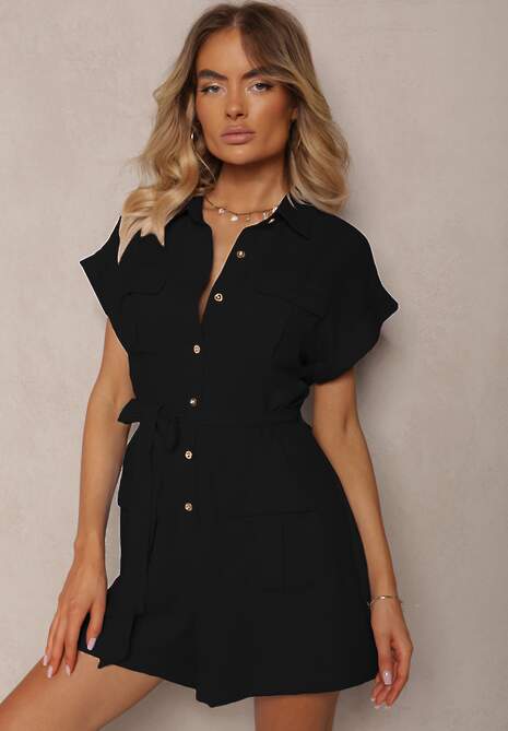 Czarny Taliowany Kombinezon Wiązany w Pasie Zapinany na Guziki Tenadea