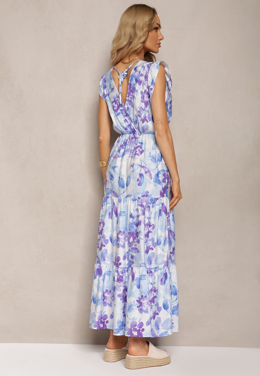 Niebiesko-Fioletowa Sukienka Wiązana z Tyłu z Trójkątnym Dekoltem i Gumką w Talii Fiolarae