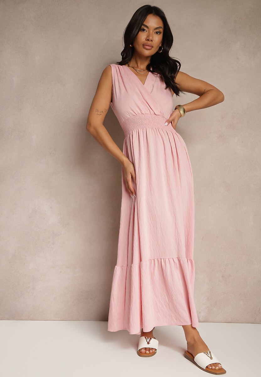 Różowa Rozkloszowana Sukienka o Kopertowym Fasonie z Gumką w Talii Filadira