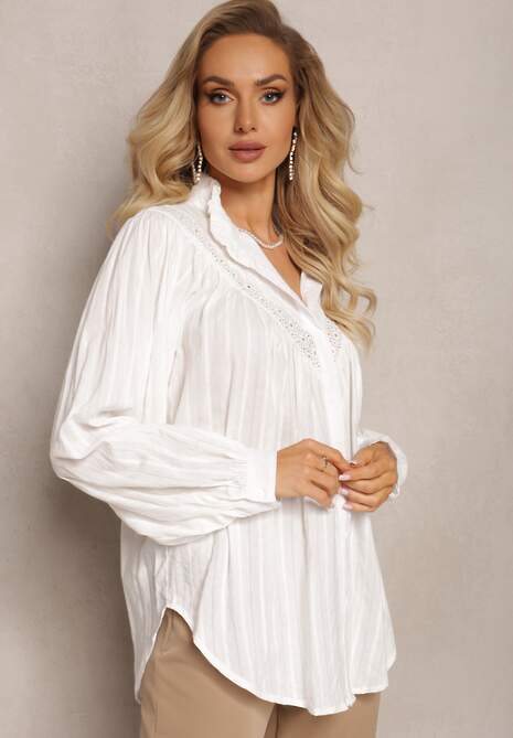 Biała Koszula z Bawełny ze Stójką i Ażurowymi Wstawkami Kamirna