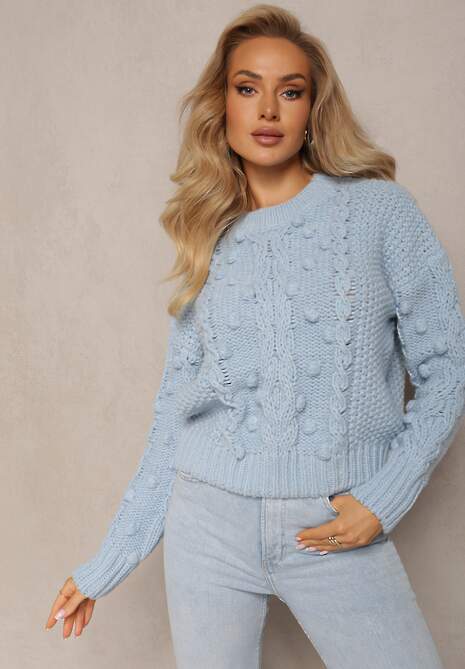 Niebieski Grubo Pleciony Sweter z Wełną i Bawełną Bavime