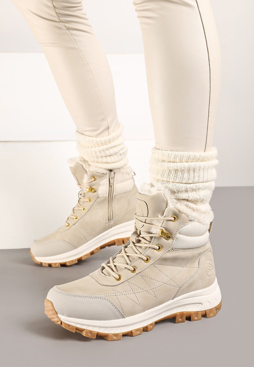 Beżowe Traperki na Tłoczonej Platformie ze Sznurowaniem Zinlatta