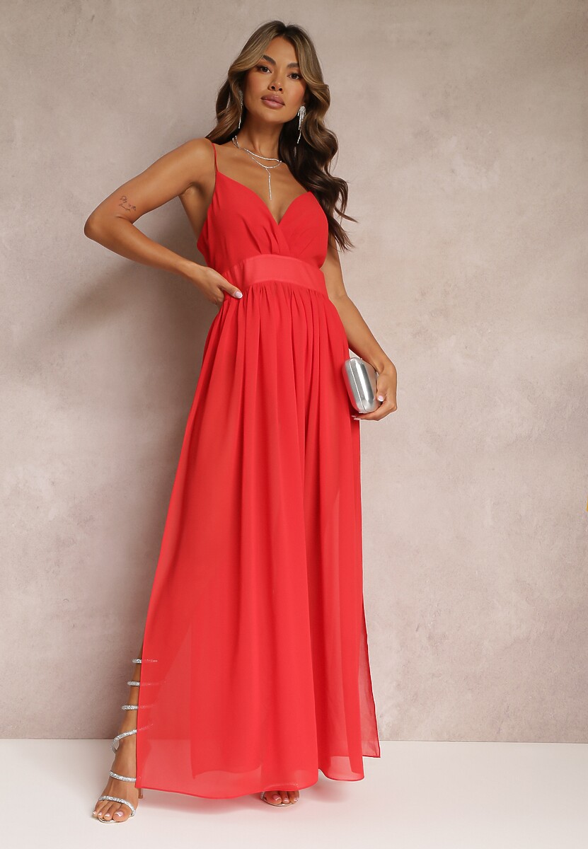 Czerwona Rozkloszowana Sukienka Maxi z Gumką w Pasie i Majtkami Medane