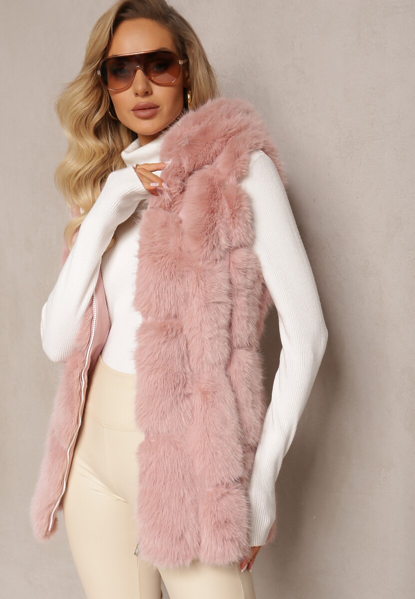 Różowa Futrzana Kamizelka z Kapturem Konessa