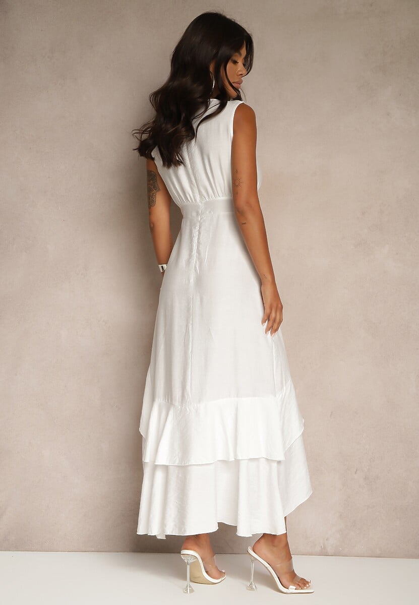 Biała Sukienka z Wiskozą Ozdobiona Falbanami Doloritia