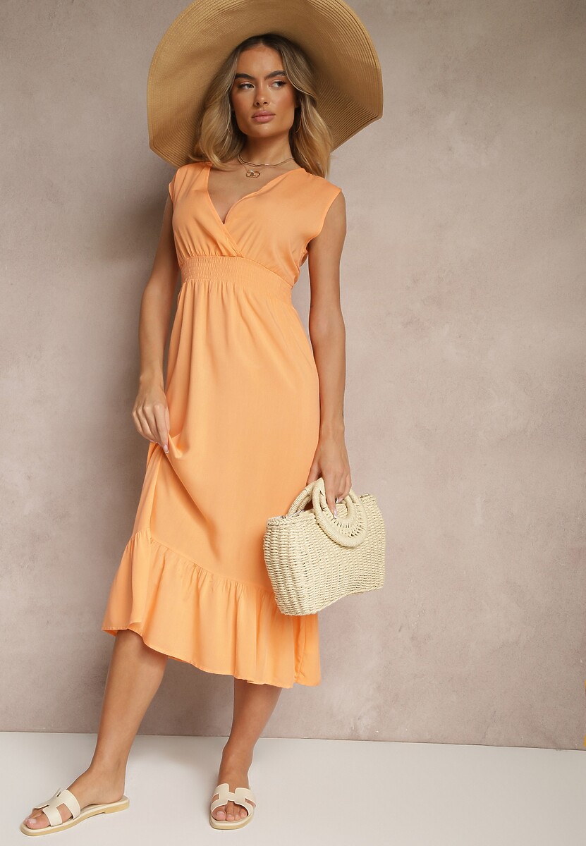 Pomarańczowa Kopertowa Sukienka z Wiskozy Zdobiona Falbanką Ularisela