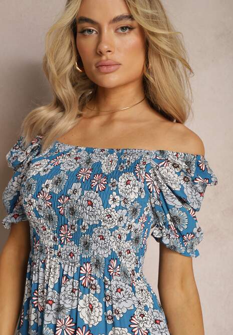 Niebieska Sukienka Midi z Wiskozy w Kwiaty z Kwadratowym Dekoltem i Marszczeniami Nasoria