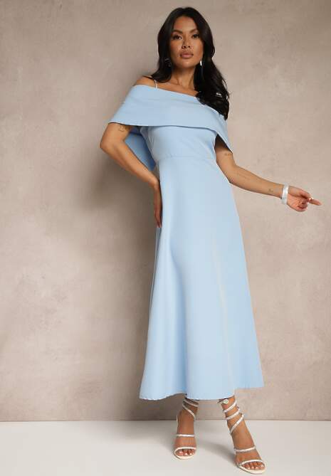 Niebieska Rozkloszowana Sukienka na Ramiączkach z Wywiniętym Dekoltem Jenavitia