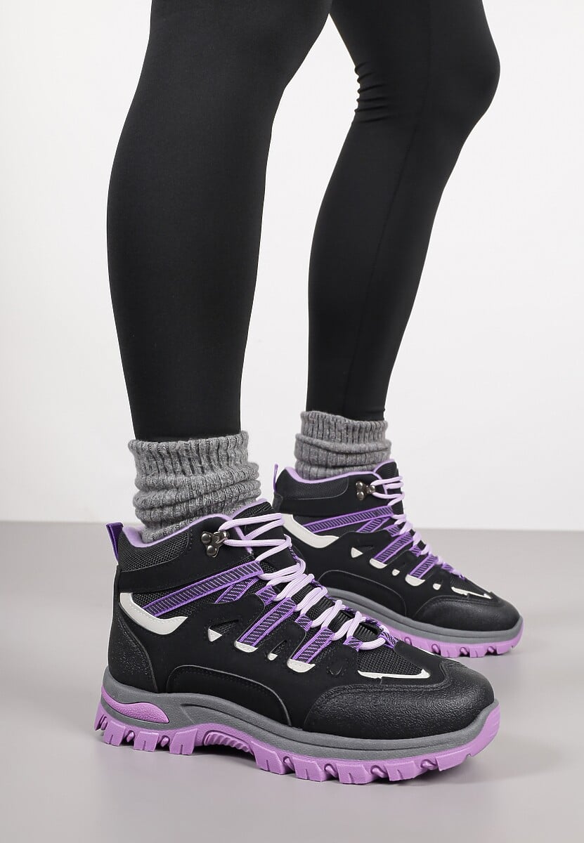 Czarne Buty Trekkingowe Traperki Vices ze Sznurowaną Cholewką Afellie