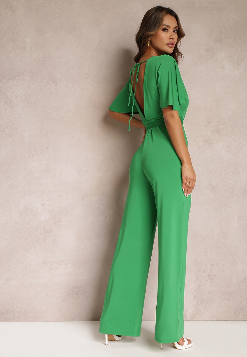 Zielony Długi Kombinezon z Wiązaniem i Głębokim Kopertowym Dekoltem Sumya