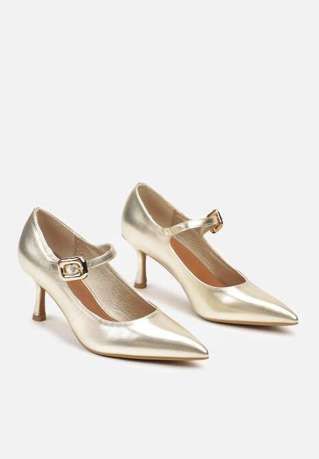 Złote Lakierowane Czółenka z Paskiem i Klamrą Nevishas