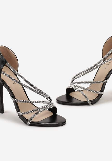 Czarne Asymetryczne Sandały na Szpilce Zdobione Cyrkoniami Aarnia