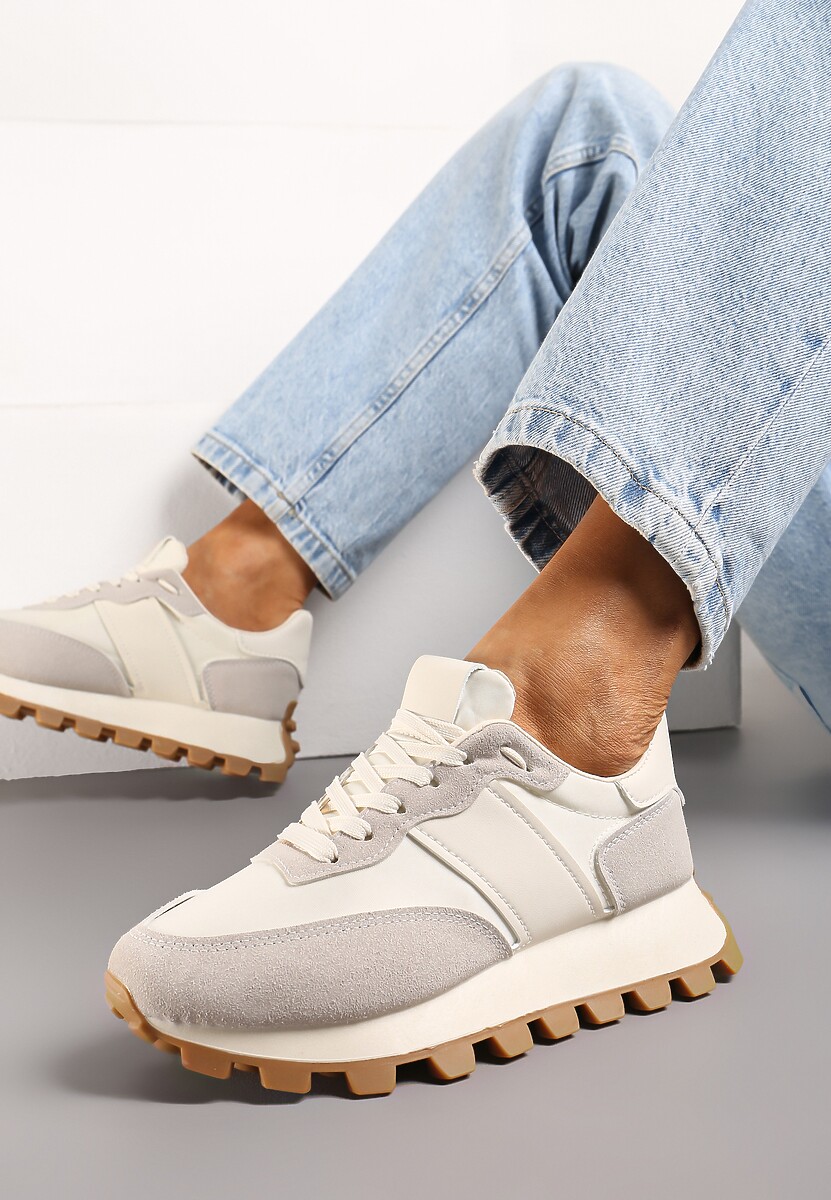 Beżowe Sznurowane Sneakersy na Podeszwie z Bieżnikiem Ozdobione Przeszyciami Flipa