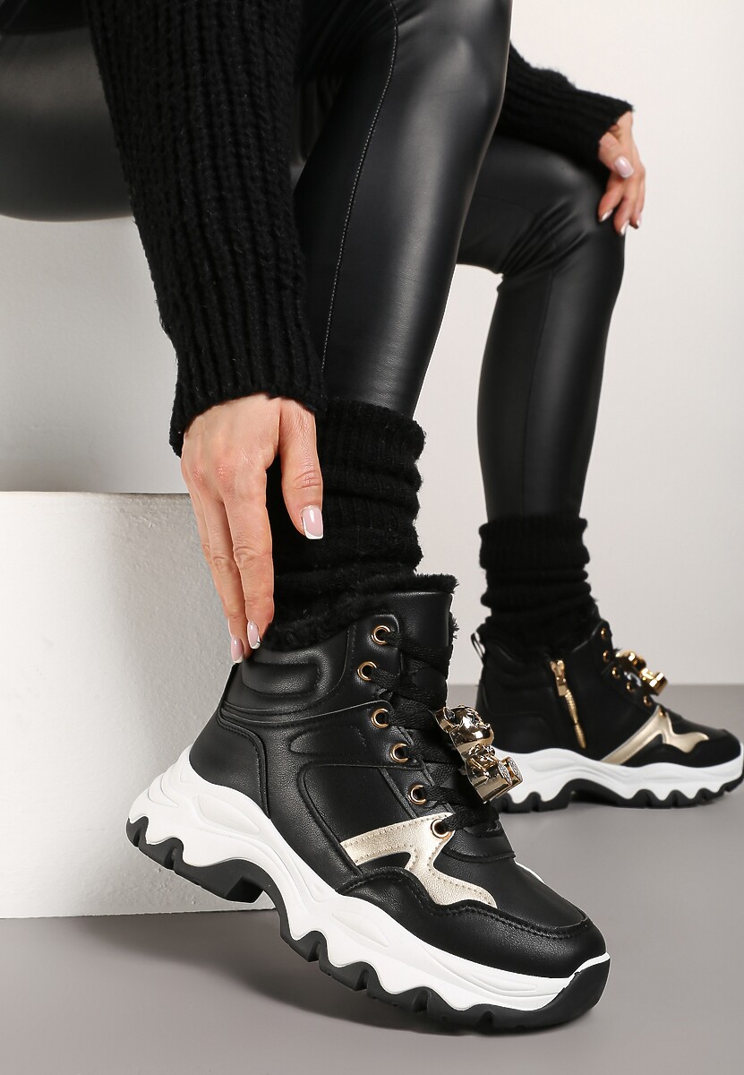 Czarne Sznurowane Sneakersy na Płaskiej Podeszwie za Kostkę z Aplikacjami Misiów Temisza