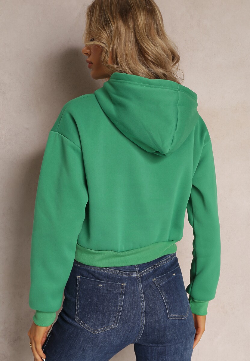Zielona Dzianinowa Bluza z Nadrukiem i Kapturem Faminese
