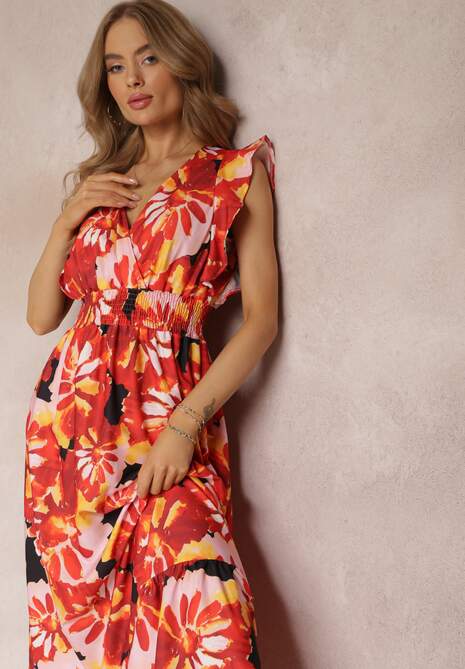 Czerwona Rozkloszowana Sukienka w Kwiaty z Gumką w Pasie Viente