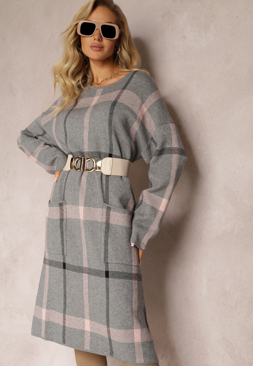Szara Midi Sukienka w Kratę z Kieszeniami o Pudełkowym Fasonie Bamira