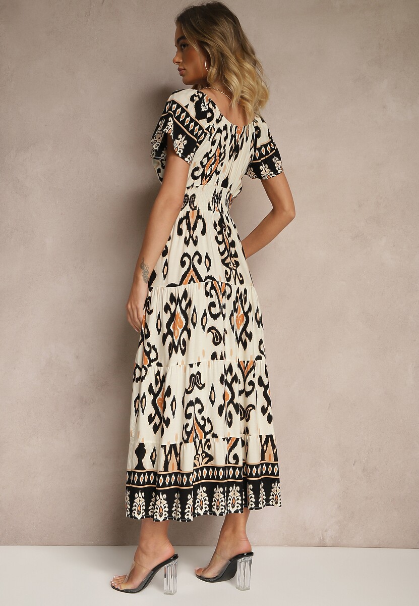 Jasnobeżowa Sukienka z Wiskozy Ozdobiona Geometrycznym Motywem Clevessa