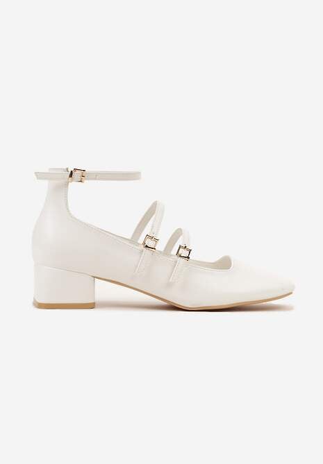 Białe Czółenka Wykończone Paseczkami i Kwadratowym Noskiem Fenena