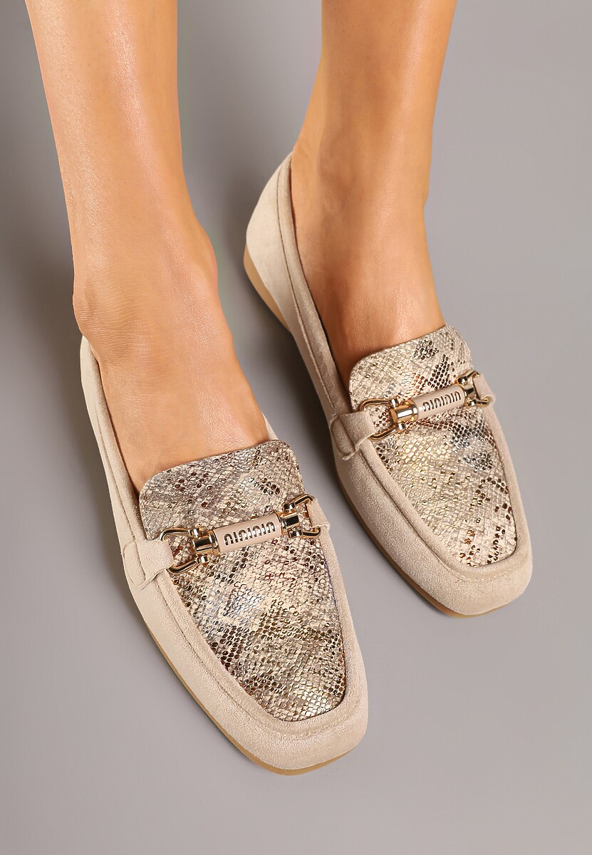 Beżowe Wężowe Mokasyny w Stylu Klasycznych Loafersów Effena