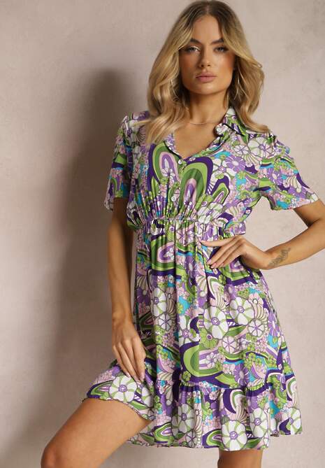 Fioletowa Bawełniana Sukienka Koszulowa w Malowniczy Kwiecisty Print Ankeldia