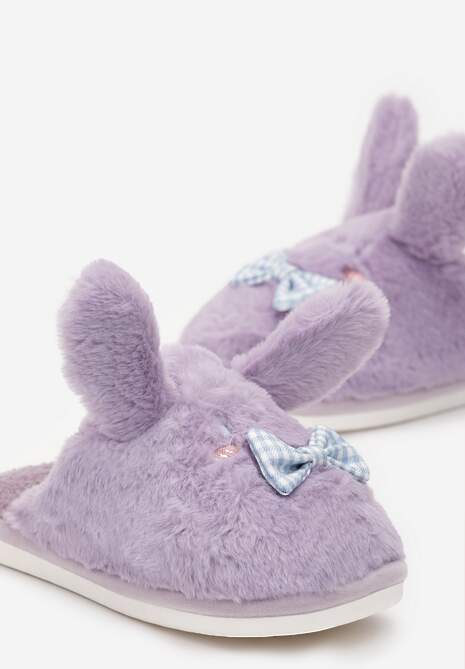 Fioletowe Kapcie ze Sztucznego Futerka i Króliczymi Uszami i Kokardą Temiha