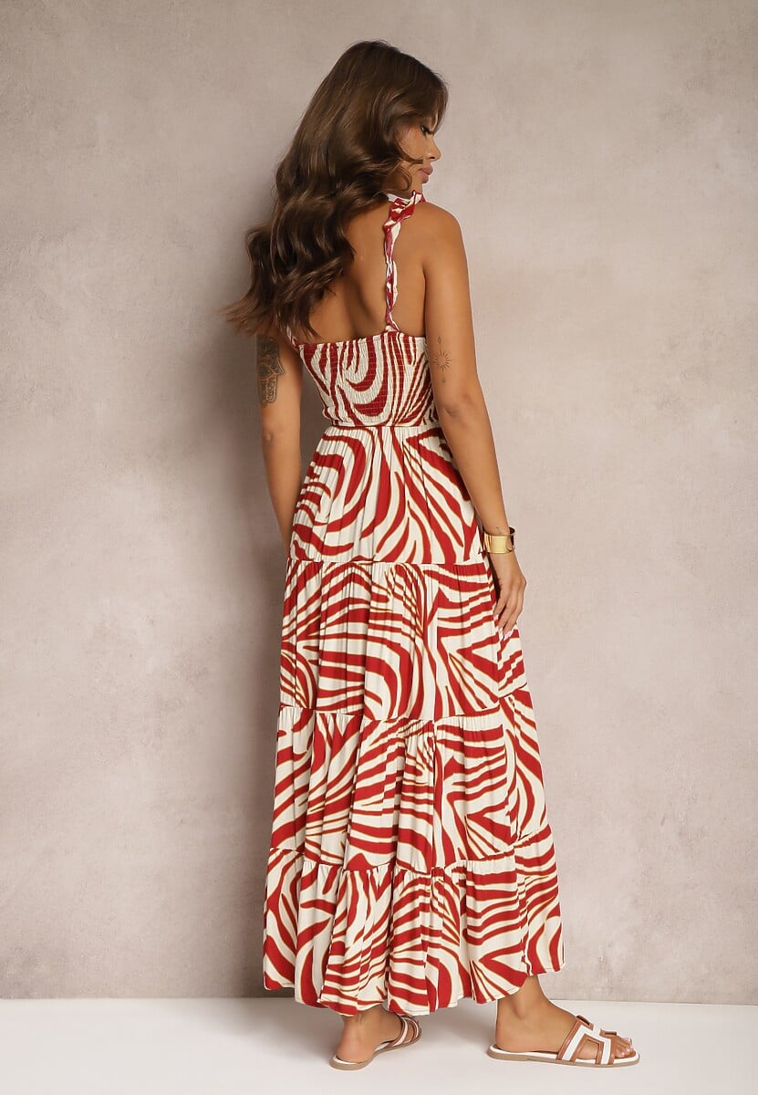 Czerwono-Beżowa Sukienka z Wiskozy na Ramiączkach o Rozkloszowanym Kroju Odcinana pod Biustem Mezorea