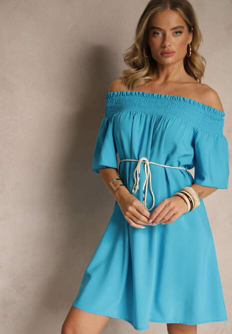 Niebieska Sukienka Hiszpanka z Bawełną i Wiskozą Ozdobiona Sznurkiem Lilarelle