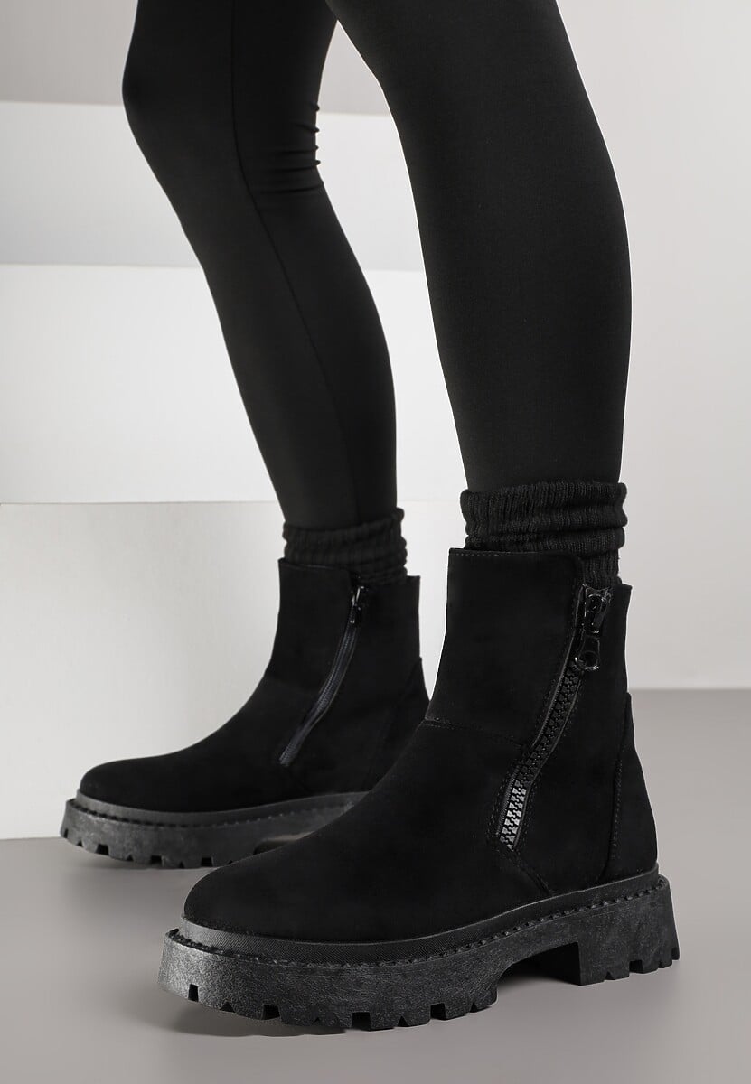 Czarne Botki na Platformie z Ozdobnym Suwakiem z Boku Tarienne