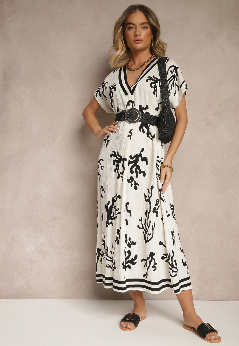 Brązowo-Beżowa Pudełkowa Sukienka z Wiskozą i Lnem Sadeone