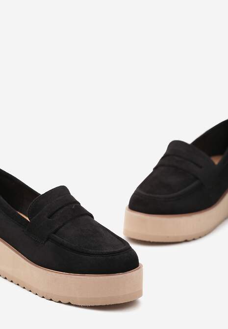 Czarne Półbuty w Stylu Mokasynów z Imitacji Zamszu na Platformie Vhisper