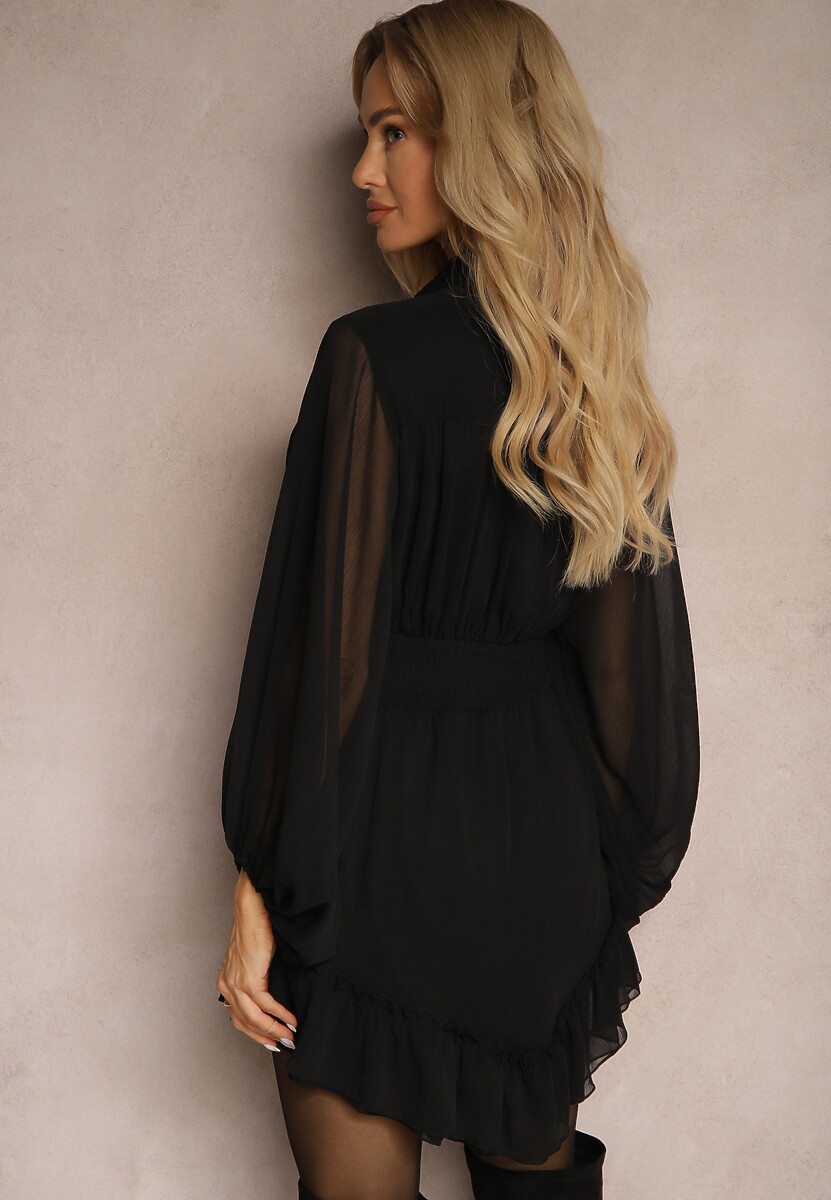 Czarna Sukienka Mini z Marszczoną Gumką i Przezroczystymi Rękawami Janay