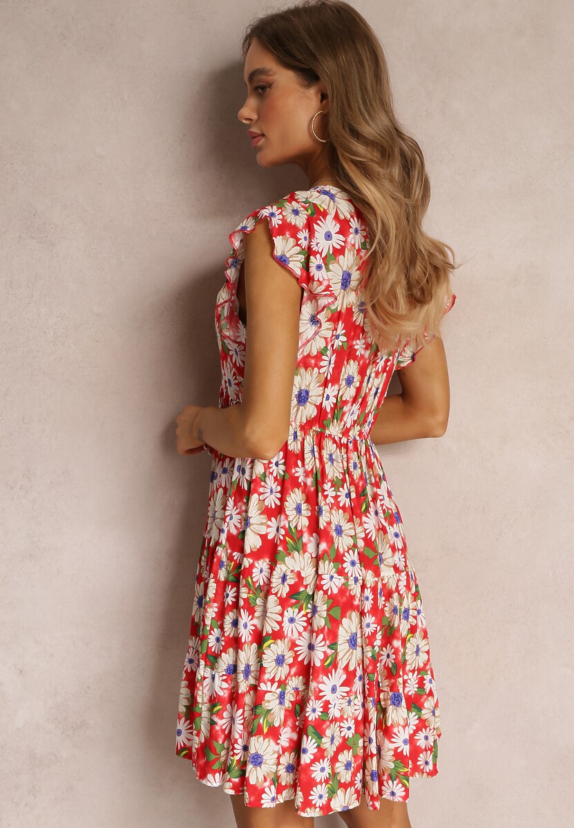 Czerwona Taliowana Sukienka Mini w Kwiaty z Gumką w Talii Teziovi