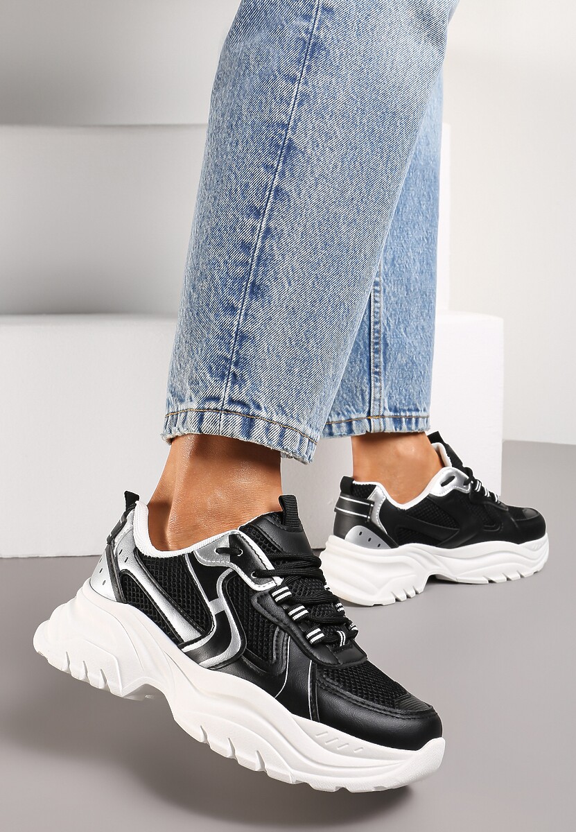Czarne Sneakersy z Przeszyciami i Wstawkami z Metalicznej Ekoskóry Tineal