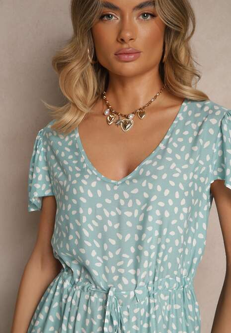 Jasnoniebieska Rozkloszowana Sukienka z Bawełną i Geometrycznym Motywem Mevelaia