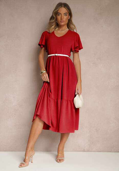 Czerwona Rozkloszowana Sukienka z Wiskozą w Casualowym Stylu Filarenna