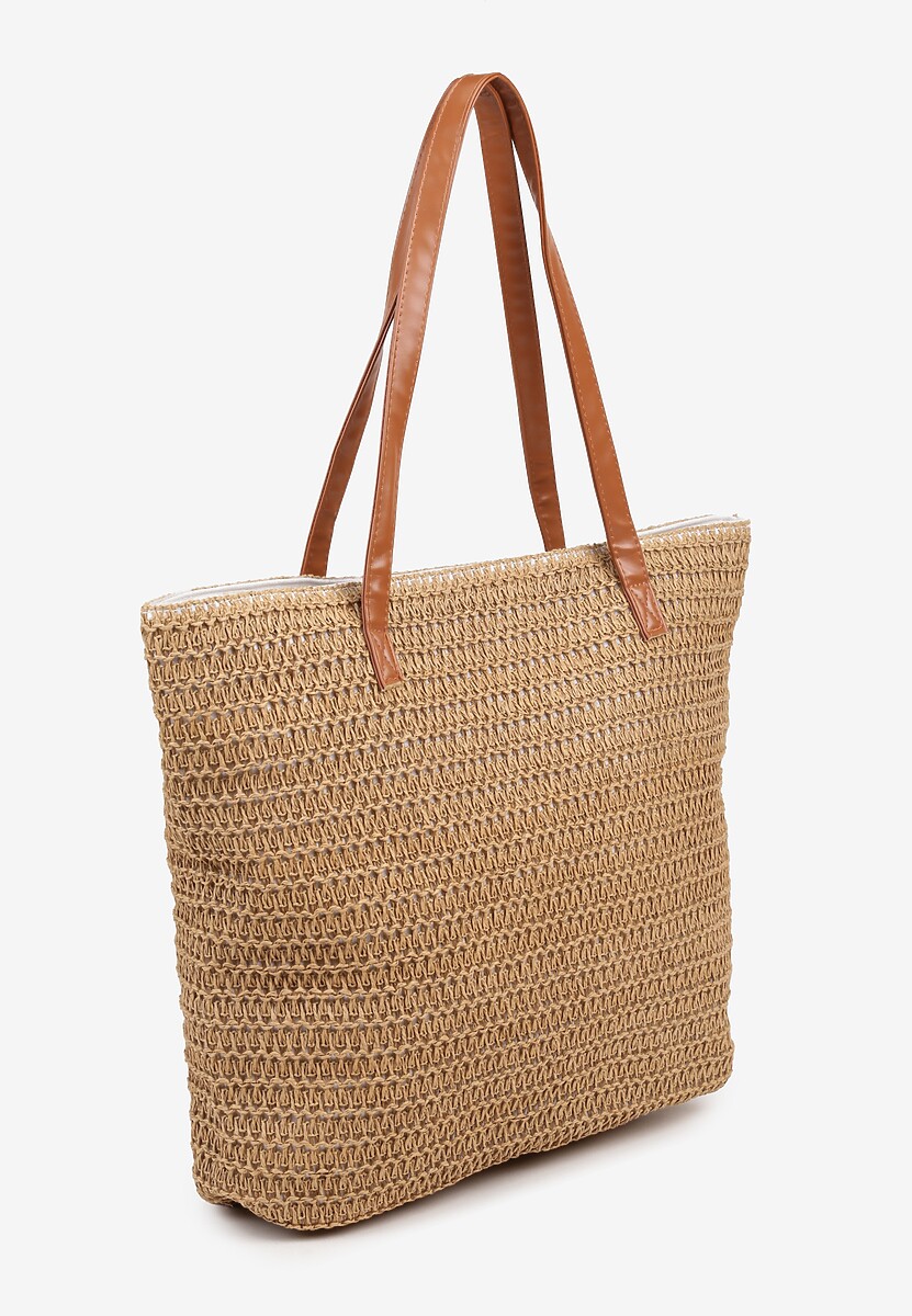 Ciemnobeżowa Plażowa Torebka Shopperka z Plecionki Rivauri