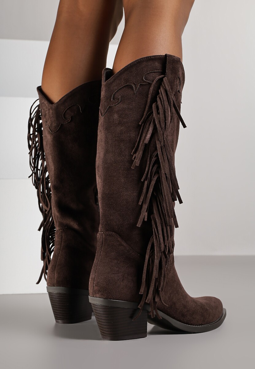 Ciemnobrązowe Kozaki Kowbojki na Stożku Ozdobione Frędzlami Reianeva