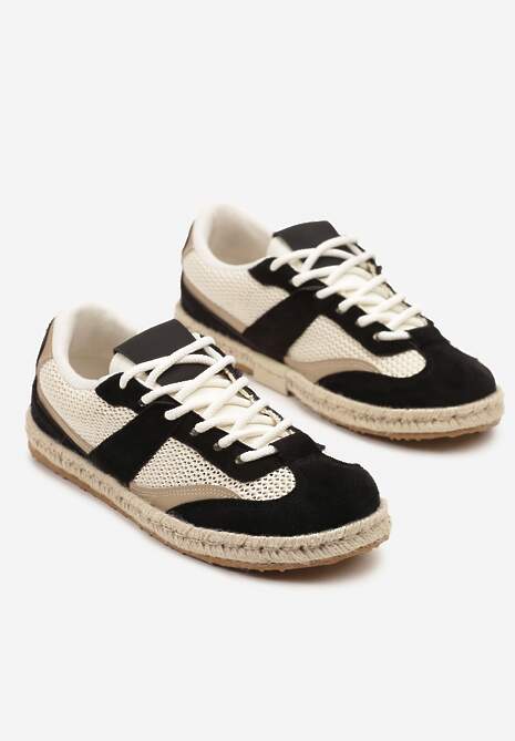 Czarno-Beżowe Sneakersy Typu Kultowe Tenisówki Zdobione Przeszyciami Grelloti