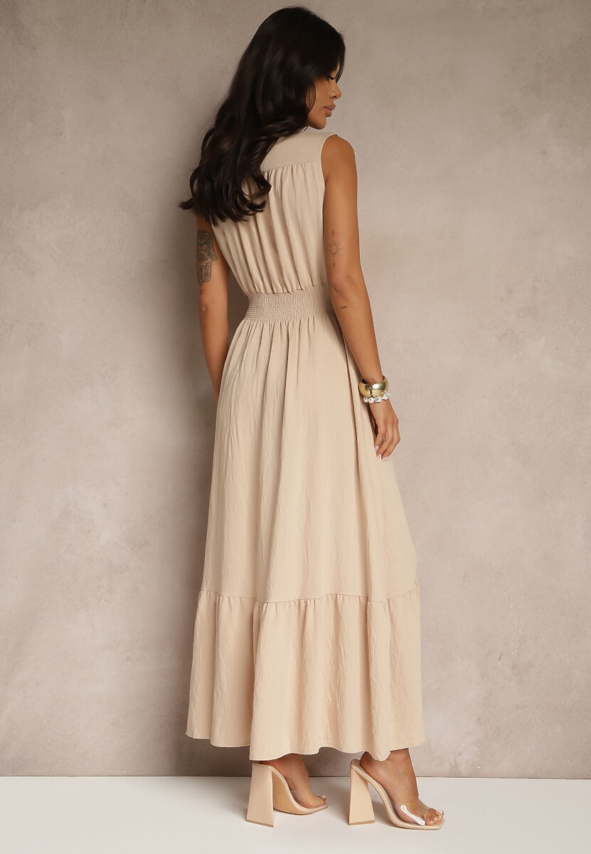 Beżowa Wiskozowa Sukienka o Kopertowym Kroju Bez Rękawów Silessa