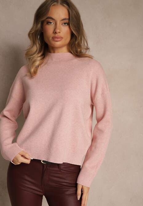Różowy Pudełkowy Sweter z Półgolfem o Gładkim Wykończeniu Unala