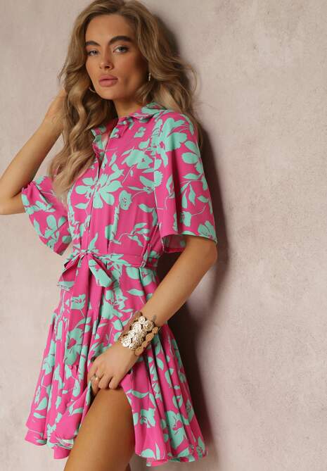 Różowo-Zielona Kwiecista Sukienka Mini w Koszulowym Stylu Tillsenta