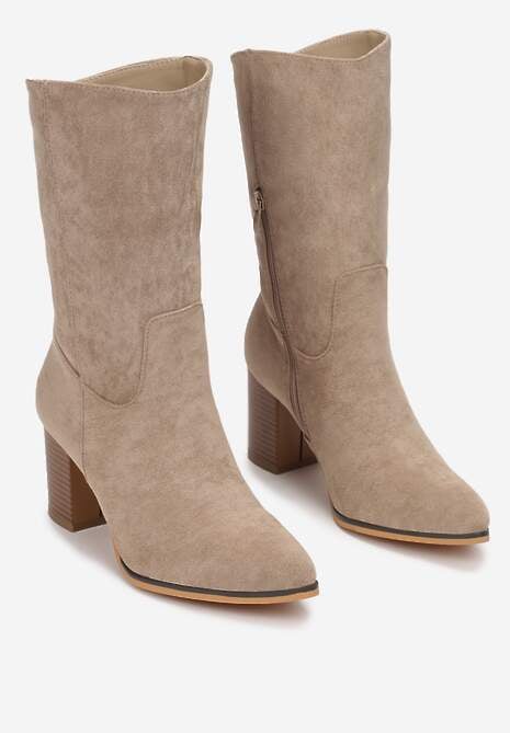 Ciemnobeżowe Botki na Słupku ze Szpiczastym Noskiem Lyrla