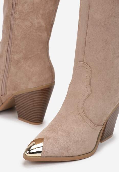 Ciemnobeżowe Kozaki Kowbojki ze Szpiczastym Noskiem Naphie