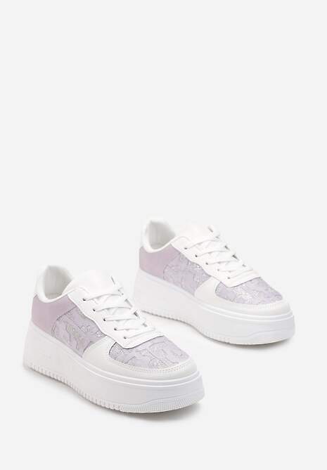 Biało-Fioletowe Sneakersy na Niskiej Platrofmie z Brokatowymi Wstawkami Enollas