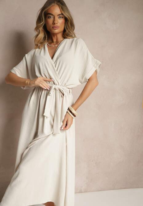 Beżowa Rozkloszowana Sukienka z Bawełną i Paskiem Lunapinia