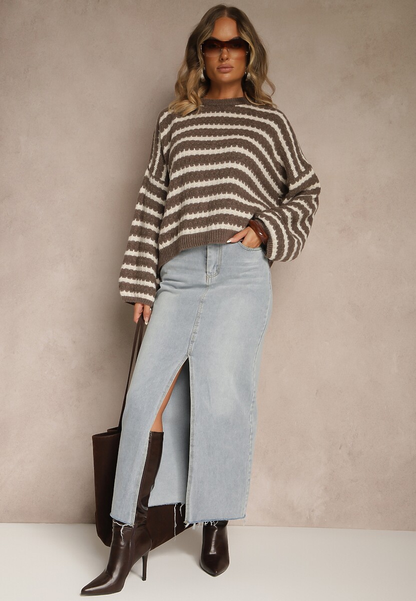 Brązowy Oversizowy Sweter w Paski z Dzianiny z Wełną i Wiskozą Aventole
