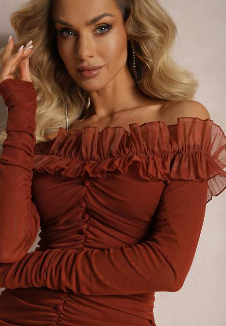 Brązowa Dopasowana Sukienka Hiszpanka z Siateczki i Falbaną Sprlia