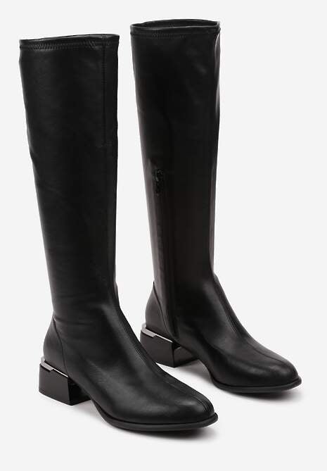 Czarne Kozaki z Ekoskóry na Słupku Ozdobione Metaliczną Aplikacją Asfila